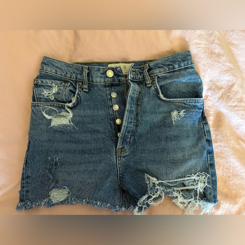 We The Free Distressed Button-Front Denim Shorts in Blue